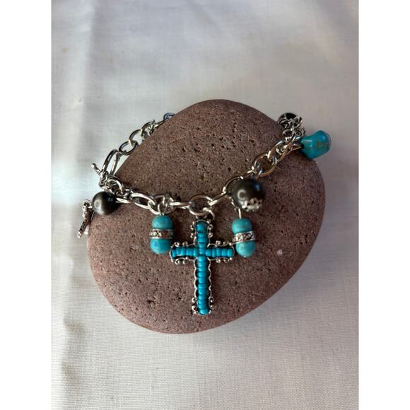 Silver Cross and Turquoise Charm Bracelet Southwest Chunky Western NWT - Picture 9 of 9